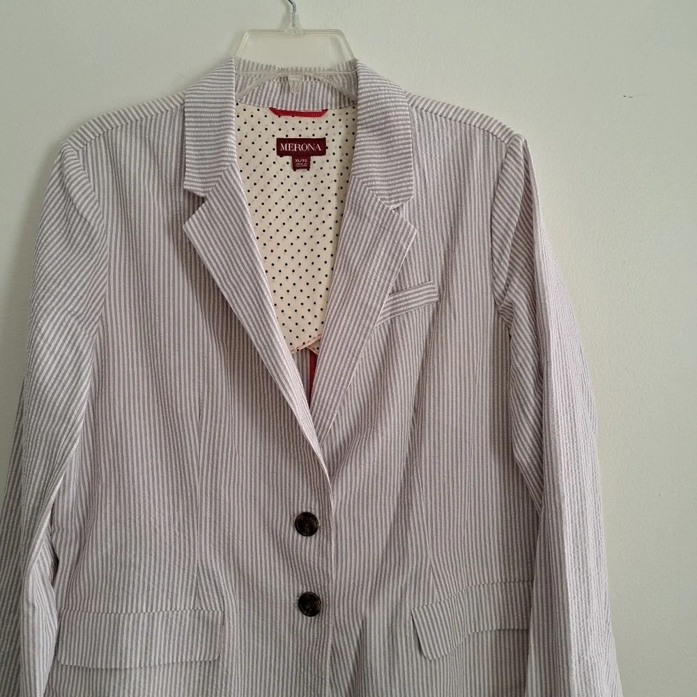 Merona Women's Seersucker Stripe Blazer Jacket XL TG Blue White Button Front - Picture 2 of 6